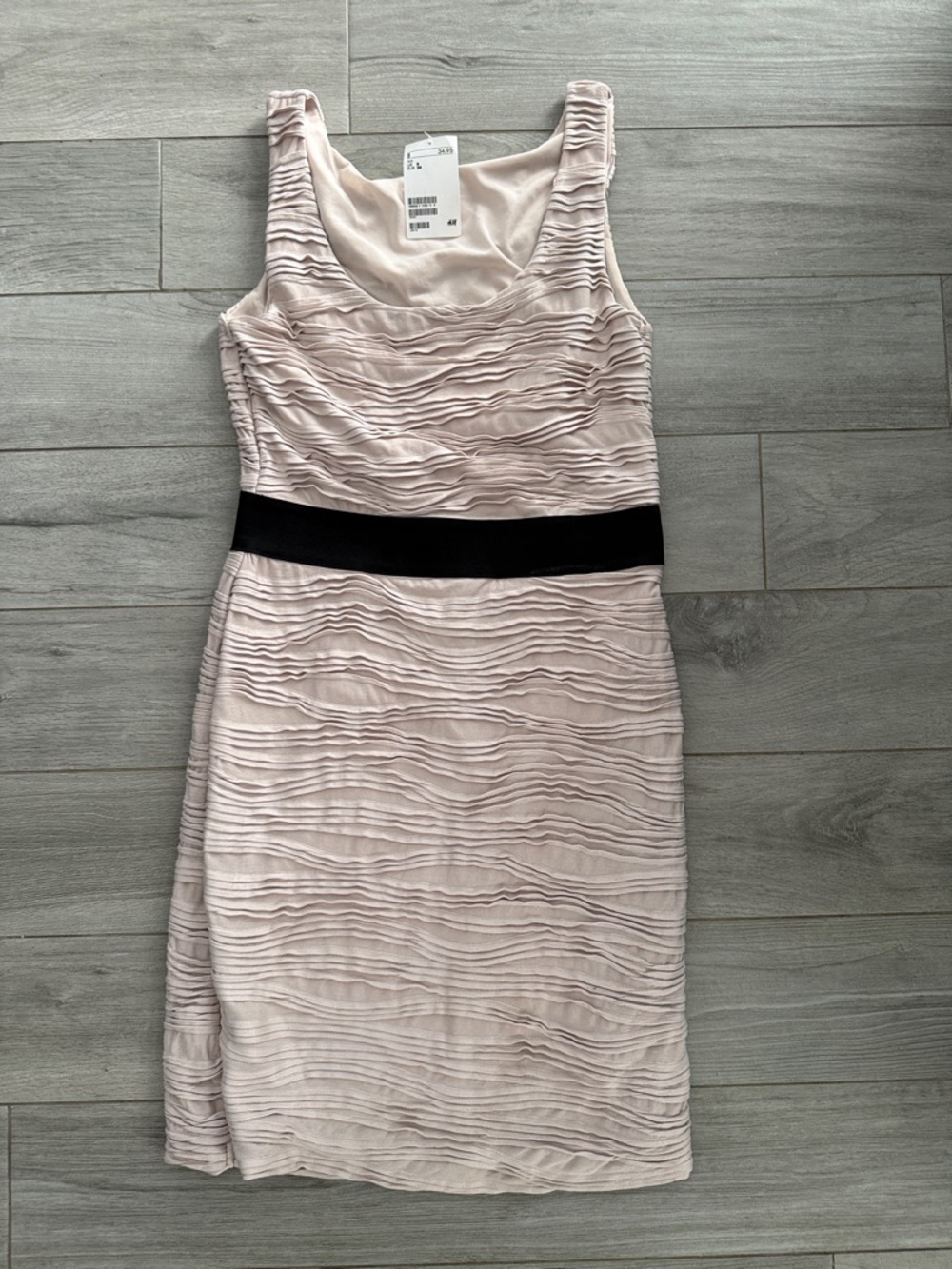 H&M Light Blush Ruched Midi Dress with Black Waistband